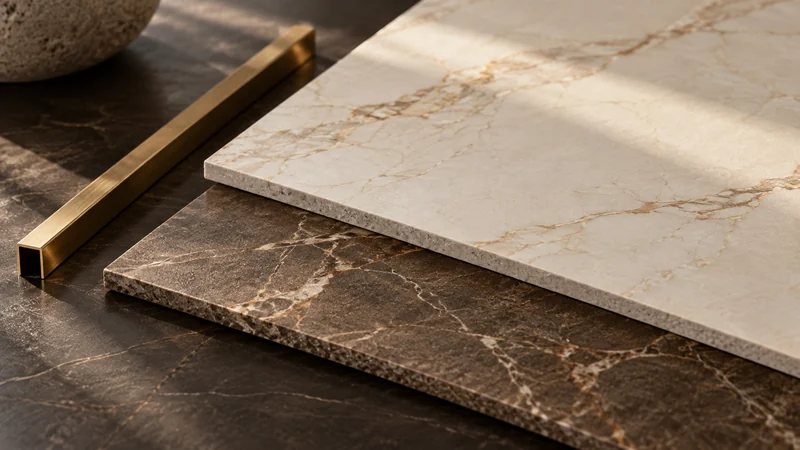 Mostres conceptuals de revestiment efecte marbre amb perfils metàl·lics