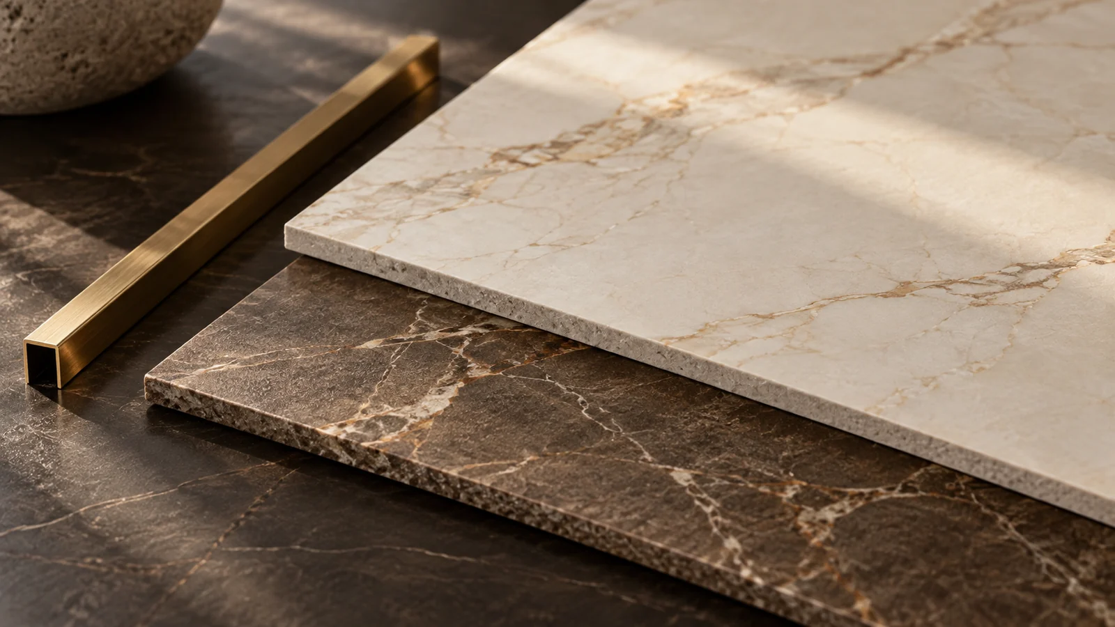 Mostres conceptuals de revestiment efecte marbre amb perfils metàl·lics