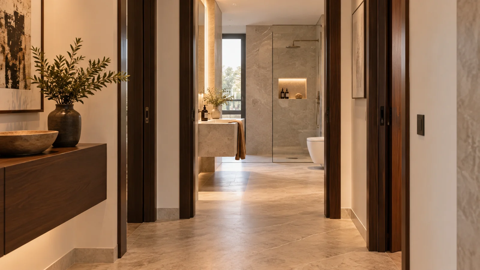 Interior conceptual amb revestiments clars i accés a un bany